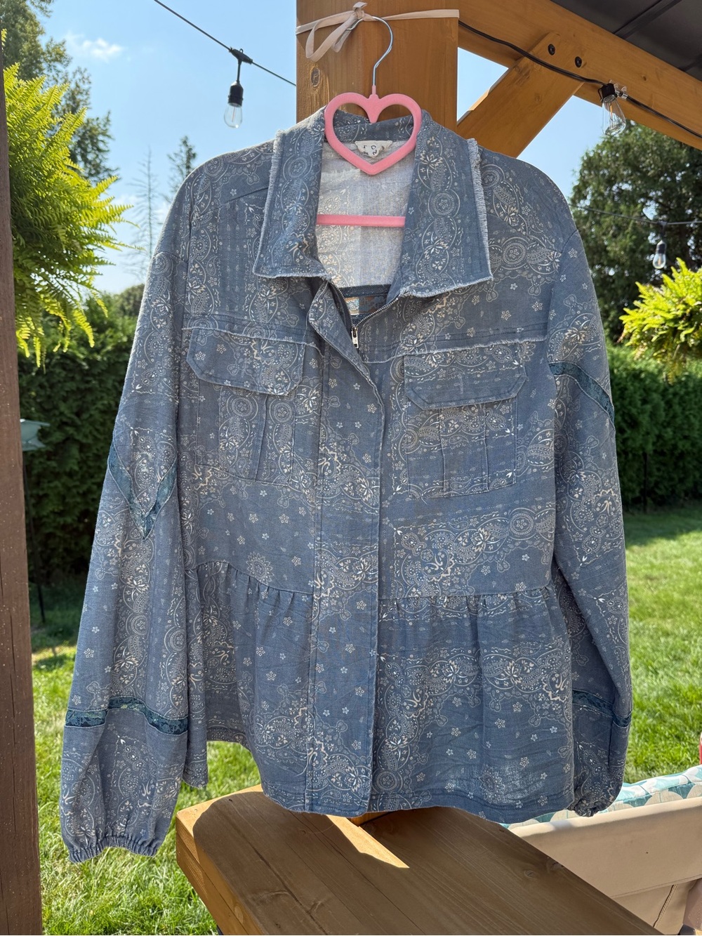 POL Clothing Paisley Lace Inset Peplum Jacket Blue Medium